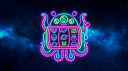 Vibrant neon monster slot machine displaying green and red game elements in space
