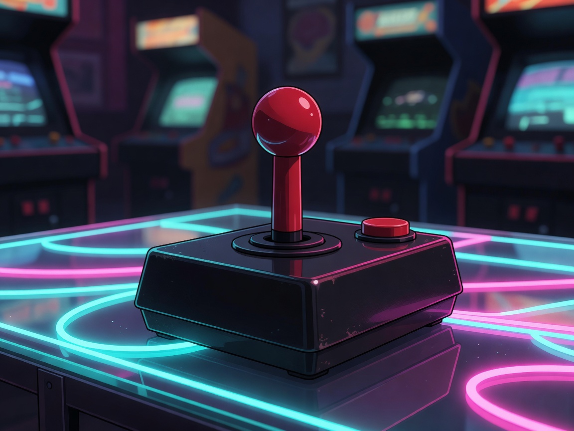 Animated retro joystick with neon elements and cartoon borders