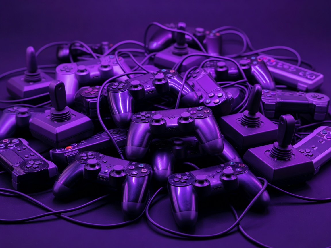 Video gaming controllers glowing in vivid purple and green lighting