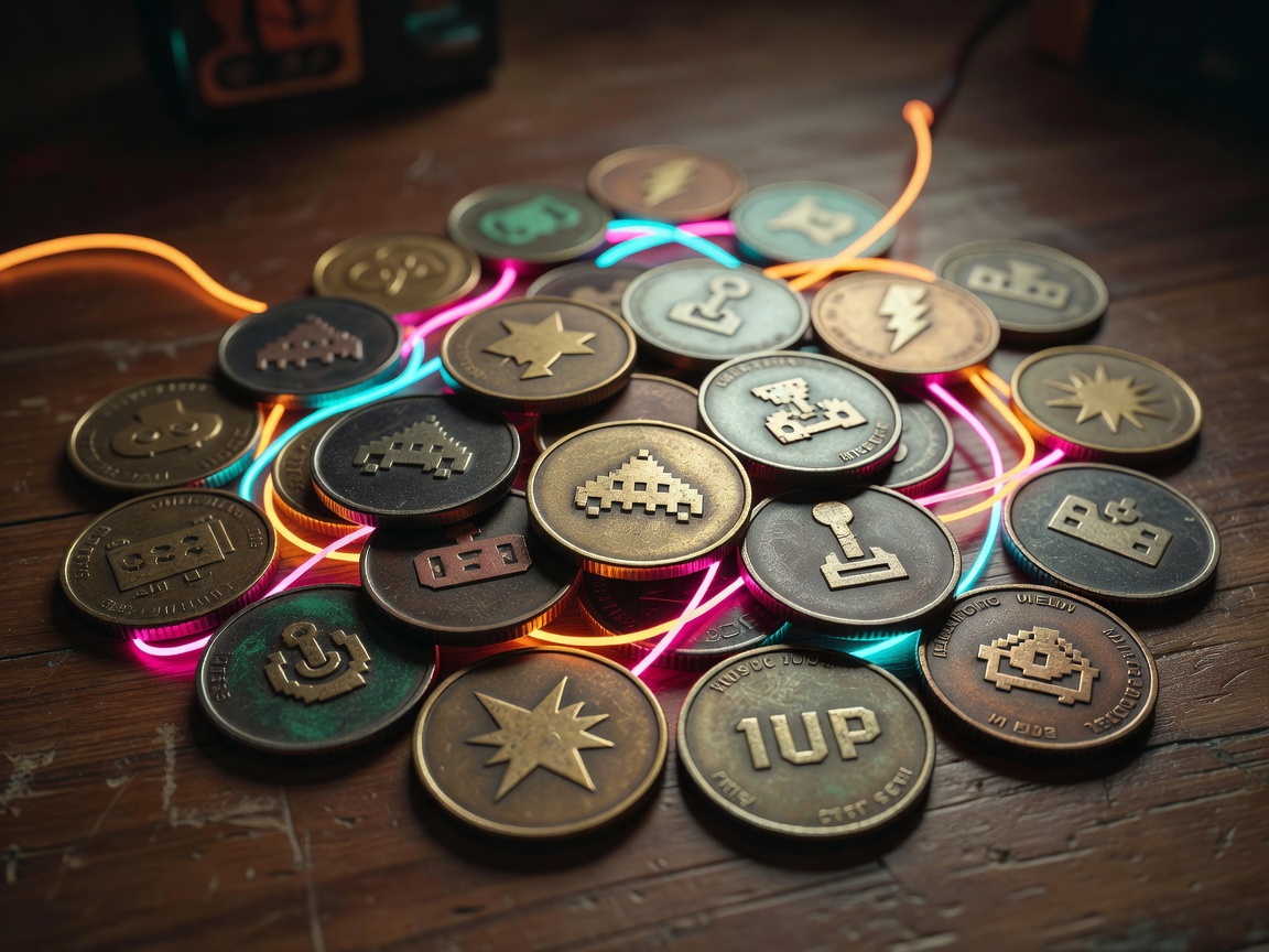 Stack of glowing retro arcade coins designed with custom monster shapes